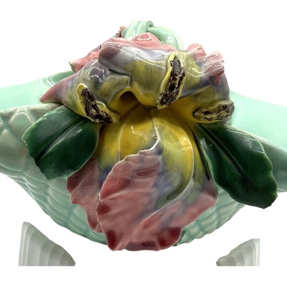 Handmade Ceramic Basket Bowl With Floral Handle Green With Lilies 10.5"x 5" - Picture 10 of 10